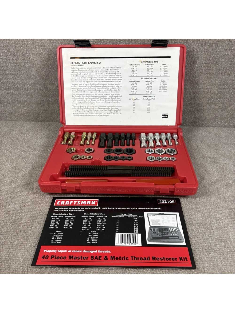 Craftsman 40 Piece Rethreading Tap & Die Set & Case Model 52105 Incomplete-38 pc